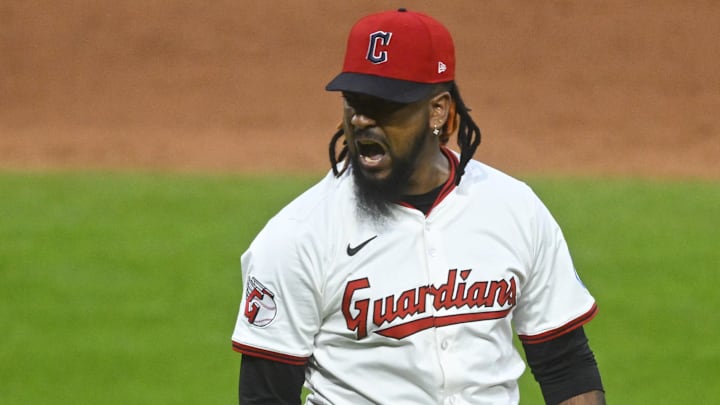 May 13, 2025; Cleveland, Ohio, USA; Cleveland Guardians relief pitcher Emmanuel Clase (48) celebrates the final out in a win over the Milwaukee Brewers at Progressive Field. Mandatory Credit: David Richard-Imagn Images