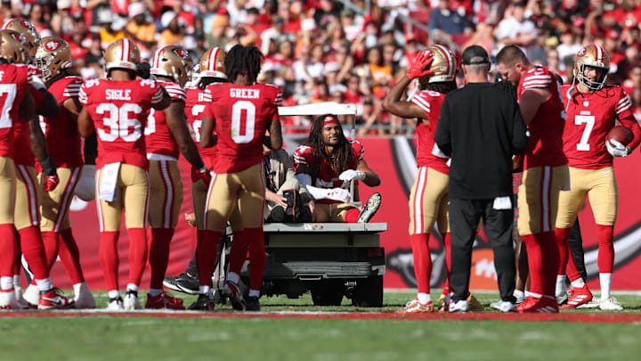 Oct 12, 2025; Tampa, Florida, USA; San Francisco 49ers middle linebacker Fred Warner (54) is carted off the field during the first quarter against the Tampa Bay Buccaneers at Raymond James Stadium. Mandatory Credit: Nathan Ray Seebeck-Imagn Images Oct 12, 2025; Tampa, Florida, USA; San Francisco 49ers middle linebacker Fred Warner (54) is carted off the field during the first quarter against the Tampa Bay Buccaneers at Raymond James Stadium. Mandatory Credit: Nathan Ray Seebeck-Imagn Images