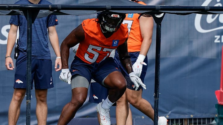 Jul 24, 2025; Englewood, CO, USA; Denver Broncos linebacker Dre Greenlaw (57) during Denver Broncos Training Camp. Jul 24, 2025; Englewood, CO, USA; Denver Broncos linebacker Dre Greenlaw (57) during Denver Broncos Training Camp.