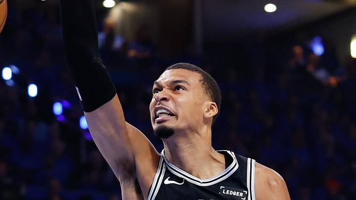 May 18, 2026; Oklahoma City, Oklahoma, USA; San Antonio Spurs center Victor Wembanyama (1) dunks the ball in the second quarter against the Oklahoma City Thunder during game one of the western conference finals for the 2026 NBA playoffs at Paycom Center. Mandatory Credit: Alonzo Adams-Imagn Images