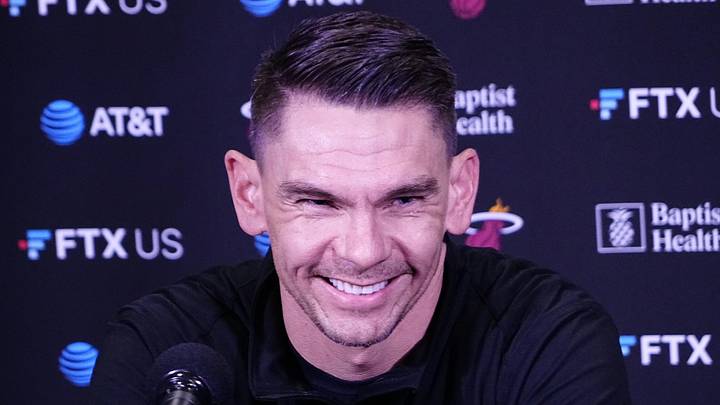 Apr 3, 2022; Toronto, Ontario, CAN; Miami Heat assistant coach Chris Quinn addresses the media before a game against the Toronto Raptors at Scotiabank Arena. Mandatory Credit: John E. Sokolowski-Imagn Images Apr 3, 2022; Toronto, Ontario, CAN; Miami Heat assistant coach Chris Quinn addresses the media before a game against the Toronto Raptors at Scotiabank Arena. Mandatory Credit: John E. Sokolowski-Imagn Images