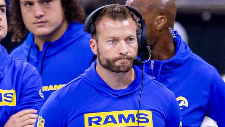 Dec 1, 2024; New Orleans, Louisiana, USA; Los Angeles Rams head coach Sean McVay looks on against the New Orleans Saints during the first half at Caesars Superdome. Mandatory Credit: Stephen Lew-Imagn Images Dec 1, 2024; New Orleans, Louisiana, USA; Los Angeles Rams head coach Sean McVay looks on against the New Orleans Saints during the first half at Caesars Superdome. Mandatory Credit: Stephen Lew-Imagn Images