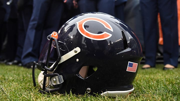 Nov 10, 2019; Chicago, IL, USA; A detailed view of the Chicago Bears helmet before the game against the Detroit Lions at Soldier Field. Mandatory Credit: Mike DiNovo-Imagn Images