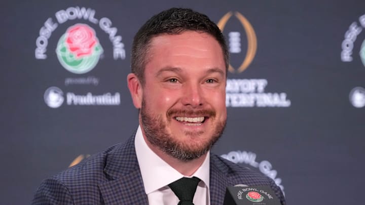 Dec 31, 2024; Los Angeles, California, USA; Oregon Ducks head coach Dan Lanning during the Rose Bowl head coaches press conference at Sheraton Grand LA. Mandatory Credit: Kirby Lee-Imagn Images
