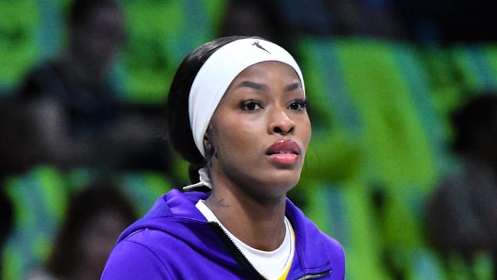 Jul 26, 2025; Brooklyn, New York, USA; Los Angeles Sparks forward Rickea Jackson (2) warms up before a game against the New York Liberty at Barclays Center. Mandatory Credit: John Jones-Imagn Images