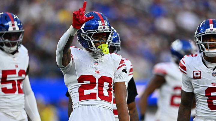 Sep 21, 2026; Inglewood, California, USA;  New York Giants cornerback Greg Newsome II (20) reacts after a play during the first quarter against the Los Angeles Rams at SoFi Stadium.  Mandatory Credit: William Liang-Imagn Images