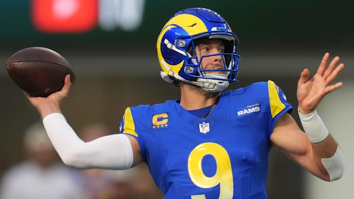 Dec 14, 2025; Inglewood, California, USA; Los Angeles Rams quarterback Matthew Stafford (9) throws a pass during the first quarter against the Detroit Lions at SoFi Stadium. Mandatory Credit: Kirby Lee-Imagn Images