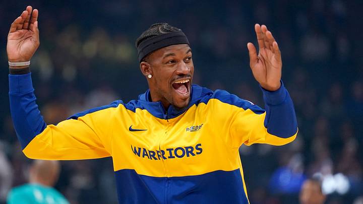Feb 25, 2025; San Francisco, California, USA; Golden State Warriors forward Jimmy Butler III (10) reacts during warmups before a game against the Charlotte Hornets at the Chase Center. Mandatory Credit: Cary Edmondson-Imagn Images