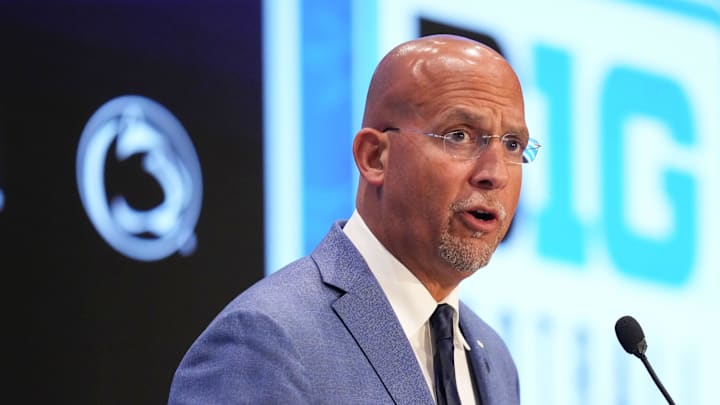 Jul 23, 2025; Las Vegas, NV, USA; Penn State head coach James Franklin speaks to the media during the Big Ten NCAA college football media days at Mandalay Bay Resort. 