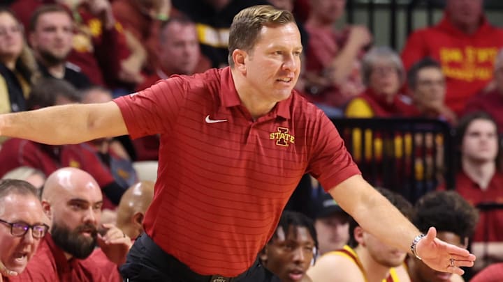 Dec 11, 2025; Ames, Iowa, USA; Iowa State Cyclones head coach T.J. Otzelberger watches his team play the Iowa Hawkeyes during the first half at James H. Hilton Coliseum. 