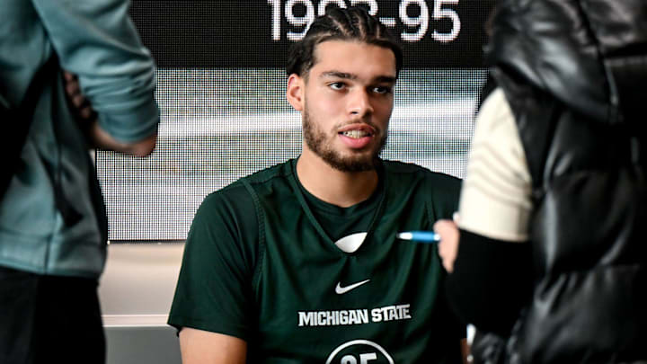 Michigan State's Jesse McCulloch talks to reporters during men's basketball media day on Thursday, Oct. 17, 2024, at the Breslin Center in East Lansing. Michigan State's Jesse McCulloch talks to reporters during men's basketball media day on Thursday, Oct. 17, 2024, at the Breslin Center in East Lansing.