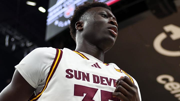 Dec 6, 2025; Phoenix, Arizona, USA; Arizona State University Sun Devils center Massamba Diop (35) against Oklahoma University Sooners at PHX Arena. Mandatory Credit: Anna Carrington-Imagn Images