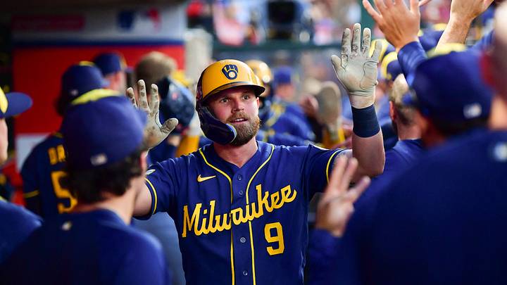 Jul 31, 2026; Anaheim, California, USA; Milwaukee Brewers first baseman Jake Bauers (9) is greeted after hitting a three run home run against the Los Angeles Angels during the fifth inning at Angel Stadium. Mandatory Credit: Gary A. Vasquez-Imagn Images Jul 31, 2026; Anaheim, California, USA; Milwaukee Brewers first baseman Jake Bauers (9) is greeted after hitting a three run home run against the Los Angeles Angels during the fifth inning at Angel Stadium. Mandatory Credit: Gary A. Vasquez-Imagn Images