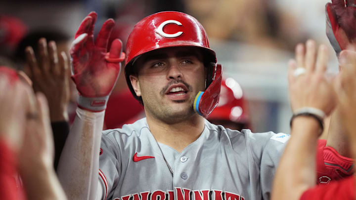 Apr 8, 2026; Miami, Florida, USA; Cincinnati Reds first baseman Sal Stewart (27) celebrates a two-run home run in the fifth inning against the Miami Marlins at loanDepot Park. Mandatory Credit: Jim Rassol-Imagn Images Apr 8, 2026; Miami, Florida, USA; Cincinnati Reds first baseman Sal Stewart (27) celebrates a two-run home run in the fifth inning against the Miami Marlins at loanDepot Park. Mandatory Credit: Jim Rassol-Imagn Images