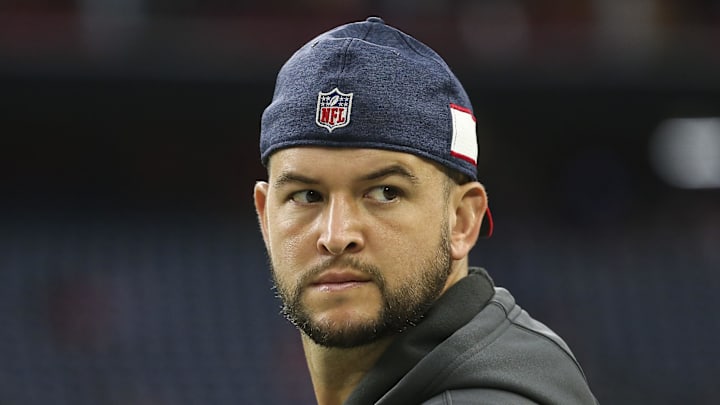Aug 17, 2019; Houston, TX, USA; Houston Texans quarterback AJ McCarron (2) looks on during warm ups before a game against the Detroit Lions at NRG Stadium. Mandatory Credit: Troy Taormina-Imagn Images