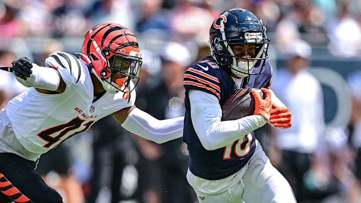 Aug 17, 2024; Chicago, Illinois, USA; Chicago Bears wide receiver Tyler Scott (10) runs after a catch against the Cincinnati Bengals during the third quarter at Soldier Field.