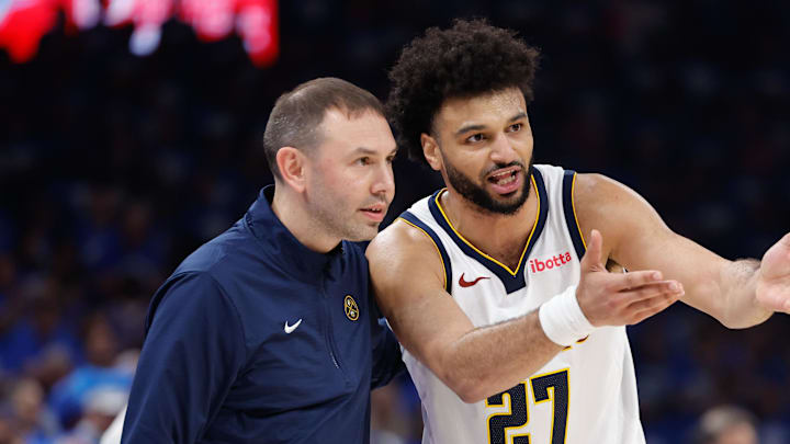 May 18, 2025; Oklahoma City, Oklahoma, USA; Denver Nuggets guard Jamal Murray (27) talks to Denver Nuggets head coach David Adelman after a play against the Oklahoma City Thunder in the second quarter during game seven of the second round for the 2025 NBA Playoffs at Paycom Center.