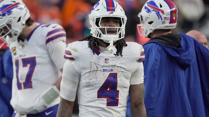 Buffalo Bills running back James Cook III looks to the sidelines during the game against the Denver Broncos. Buffalo Bills running back James Cook III looks to the sidelines during the game against the Denver Broncos.