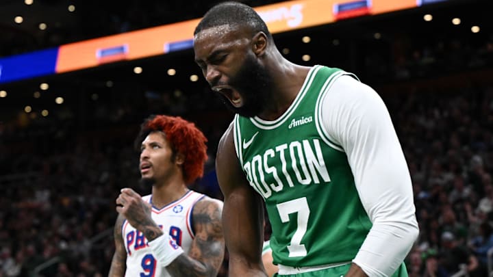 Apr 21, 2026; Boston, Massachusetts, USA; Boston Celtics guard Jaylen Brown (7) reacts after being folded by Philadelphia 76ers guard Kelly Oubre Jr. (9) in the second half of a game two of the first round of the 2026 NBA Playoffs at TD Garden. Mandatory Credit: Brian Fluharty-Imagn Images