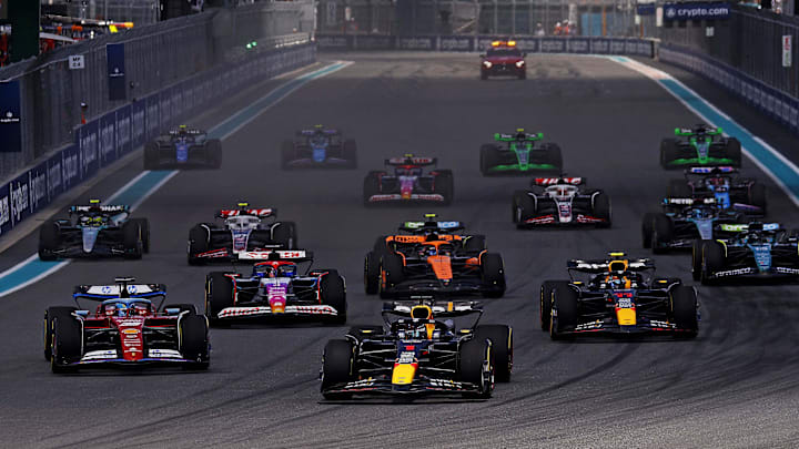 May 4, 2024; Miami Gardens, Florida, USA; Red Bull Racing driver Max Verstappen (1) leads the start of the F1 Sprint Race at Miami International Autodrome. Mandatory Credit: Peter Casey-Imagn Images