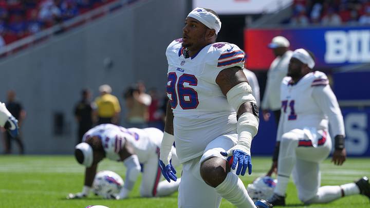 Aug 15, 2026; Orchard Park, New York, USA; Buffalo Bills defensive tackle Deone Walker (96) prior to the game between the Carolina Panthers and Buffalo Bills at New Highmark Stadium. Mandatory Credit: Gregory Fisher-Imagn Images
