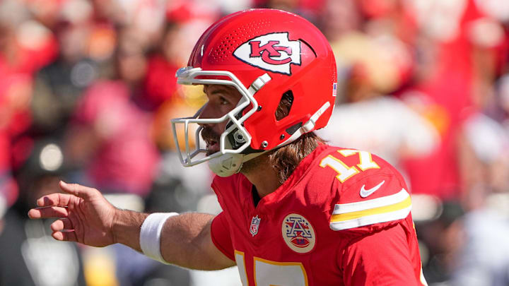 Oct 19, 2025; Kansas City, Missouri, USA; Kansas City Chiefs quarterback Gardner Minshew (17) calls a play at the line of scrimmage against the Las Vegas Raiders during the second half of the game at GEHA Field at Arrowhead Stadium. Mandatory Credit: Denny Medley-Imagn Images