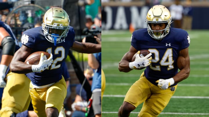 Notre Dame running backs Jeremiyah Love (12) and Jadarian Price (24)