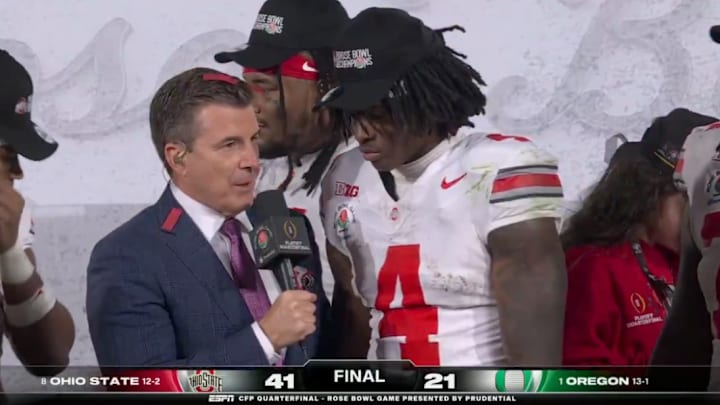 ESPN's Rece Davis interviews Rose Bowl MVP Jeremiah Smith after Ohio State defeated Oregon, 41–21. 