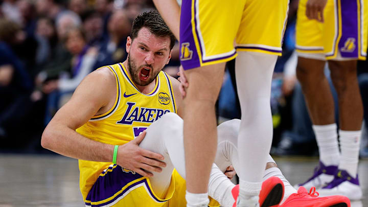Mar 5, 2026; Denver, Colorado, USA; Los Angeles Lakers guard Luka Doncic (77) reacts after a play in the first quarter against the Denver Nuggets at Ball Arena. Mandatory Credit: Isaiah J. Downing-Imagn Images