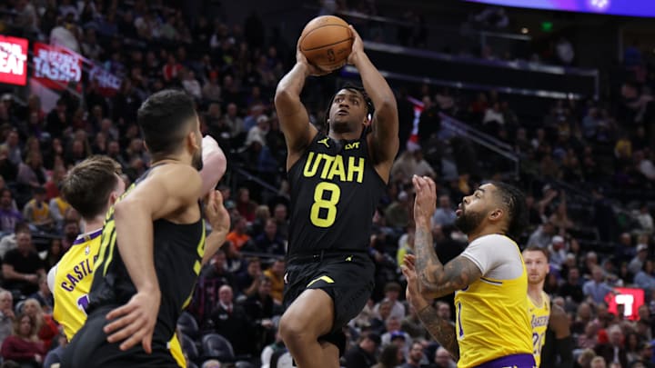 Feb 14, 2024; Salt Lake City, Utah, USA;  Utah Jazz forward Brice Sensabaugh (8) shoots the ball during the second half against the Los Angeles Lakers at Delta Center. Mandatory Credit: Chris Nicoll-Imagn Images