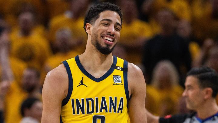 May 17, 2024; Indianapolis, Indiana, USA; Indiana Pacers guard Tyrese Haliburton (0) smiles during game six of the second round for the 2024 NBA playoffs against the New York Knicks at Gainbridge Fieldhouse. Mandatory Credit: Trevor Ruszkowski-USA TODAY Sports