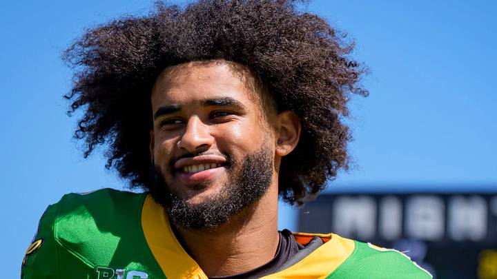 Oregon quarterback Dante Moore walks off the field following the Oregon Ducks annual spring game on April 25, 2026 at Autzen Stadium in Eugene, Oregon.