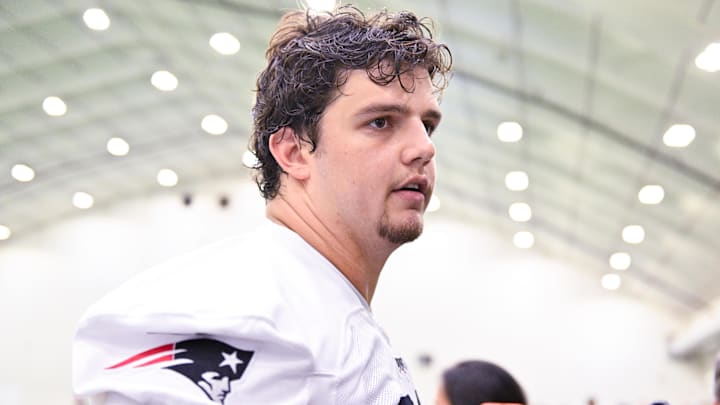 Jun 10, 2025; Foxborough, MA, USA; New England Patriots offensive tackle Will Campbell (66) speaks to the media after minicamp held in the WIN Field House at Gillette Stadium. Mandatory Credit: Eric Canha-Imagn Images