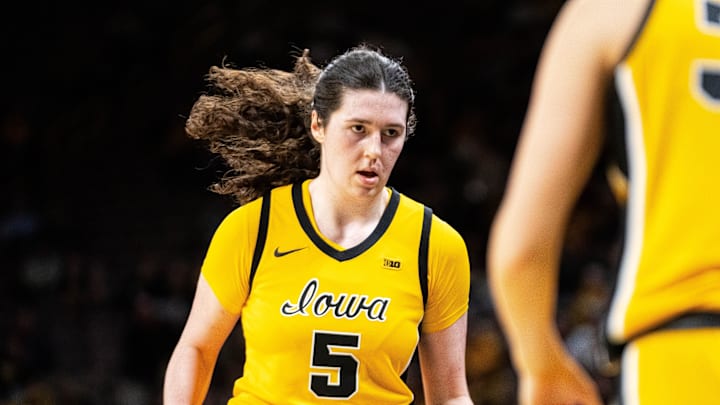 Iowa center Ava Heiden (5) takes to the bench during a game against Minnesota on Feb. 5, 2026, at Carver-Hawkeye Arena.