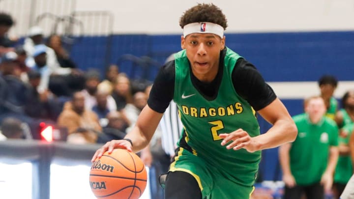 AZ Compass guard Jeremiah Fears (2) drives to the basket during the game between Bartlett High School and AZ Compass Prep School during Memphis Hoopfest at Bartlett High School in Bartlett, Tennessee.