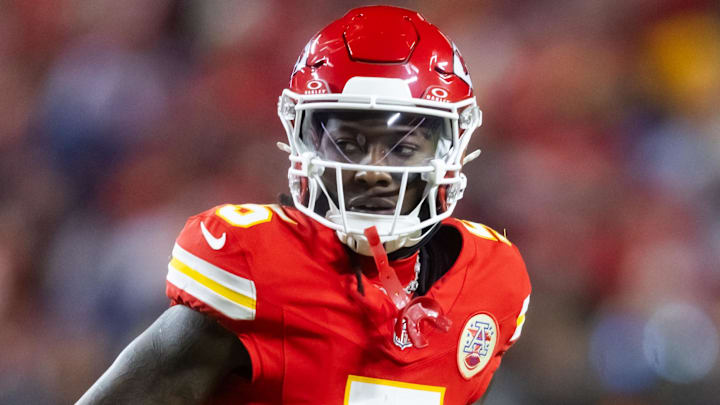 Jan 26, 2025; Kansas City, MO, USA; Kansas City Chiefs wide receiver Hollywood Brown (5) against the Buffalo Bills in the AFC Championship game at GEHA Field at Arrowhead Stadium. Mandatory Credit: Mark J. Rebilas-Imagn Images