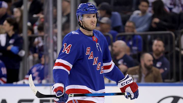 Mar 27, 2026; New York, New York, USA; New York Rangers right wing Taylor Raddysh (14) skates against the Chicago Blackhawks during the second period at Madison Square Garden. Mandatory Credit: Brad Penner-Imagn Images
