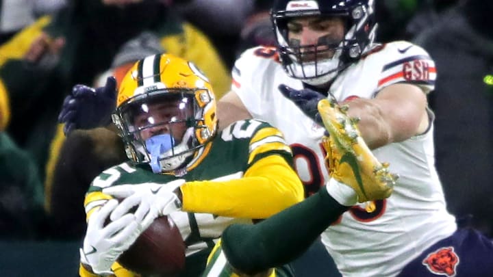 Green Bay Packers cornerback Keisean Nixon a pass intended for Chicago Bears tight end Cole Kmet to clinch the game. Green Bay Packers cornerback Keisean Nixon a pass intended for Chicago Bears tight end Cole Kmet to clinch the game.