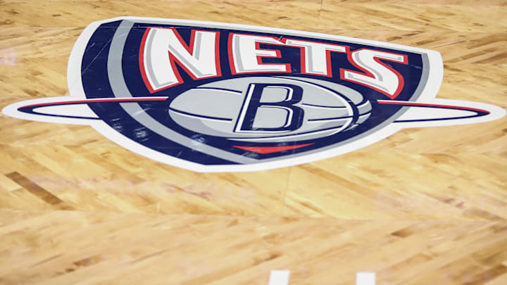 Nov 17, 2021; Brooklyn, New York, USA; The old Nets logo on the court prior to the game between the Cleveland Cavilers and the Brooklyn Nets at Barclays Center. Mandatory Credit: Wendell Cruz-Imagn Images