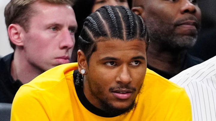 Suns guards Jalen Green (L) and Devin Booker watch their team play against the Warriors during a game at Mortgage Matchup Center in Phoenix, on Feb. 5, 2026.
