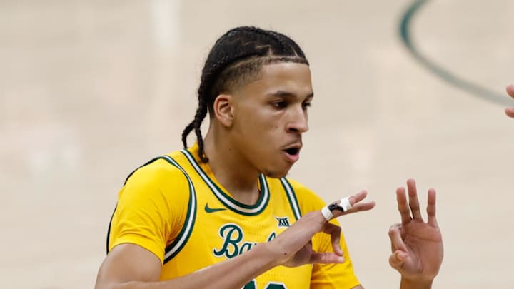 Mar 7, 2026; Waco, Texas, USA;  Baylor Bears guard Cameron Carr (43) reacts after scoring a three-point basket against the Utah Utes during the second half at Paul and Alejandra Foster Pavilion. Mandatory Credit: Chris Jones-Imagn Images