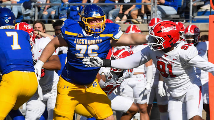 South Dakota State Jackrabbits offensive lineman Sam Hagen (76) pushes back Youngstown State Penguins defensive end Dawan Martin (91) South Dakota State Jackrabbits offensive lineman Sam Hagen (76) pushes back Youngstown State Penguins defensive end Dawan Martin (91)