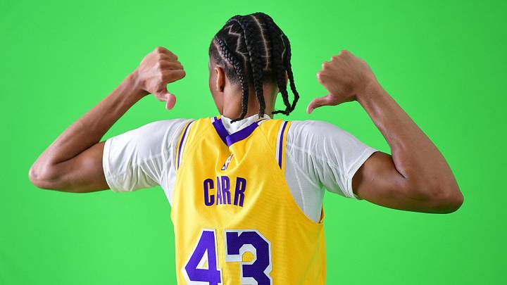 Sep 28, 2026; El Segundo, CA, USA; Los Angeles Lakers player Cameron Carr (43) during media day at UCLA Health Training Center. Mandatory Credit: Gary A. Vasquez-Imagn Images Sep 28, 2026; El Segundo, CA, USA; Los Angeles Lakers player Cameron Carr (43) during media day at UCLA Health Training Center. Mandatory Credit: Gary A. Vasquez-Imagn Images