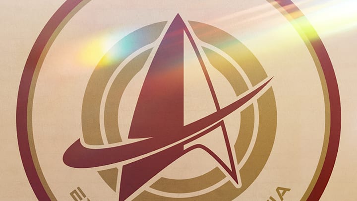 L-R: Karim Diané as Jay-Den Kraag, George Hawkins as Darem Reymi, Bella Shepard as Genesis Lythe, Sandro Rosta as Caleb Mir, Zoë Steiner as Tarima Sadal and Kerrice Brooks as Sam in art for season 1 of Star Trek: Starfleet Academy. Streaming on Paramount+. 