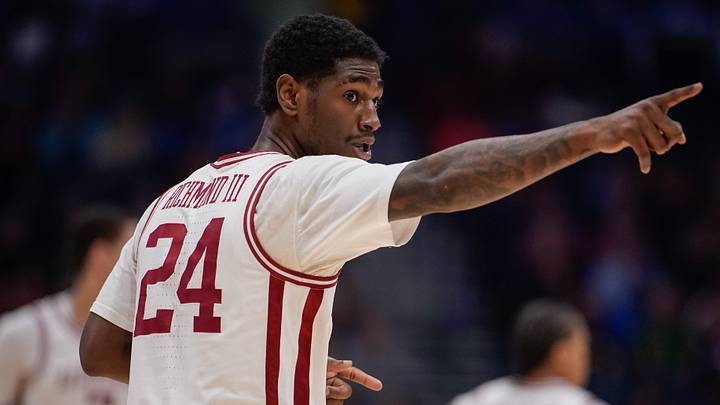 Arkansas forward Billy Richmond III (24) celebrates his three point basket against Vanderbilt during the first half of the SEC tournament championship game at Bridgestone Arena in Nashville, Tenn., Sunday, March 15, 2026. Arkansas forward Billy Richmond III (24) celebrates his three point basket against Vanderbilt during the first half of the SEC tournament championship game at Bridgestone Arena in Nashville, Tenn., Sunday, March 15, 2026.