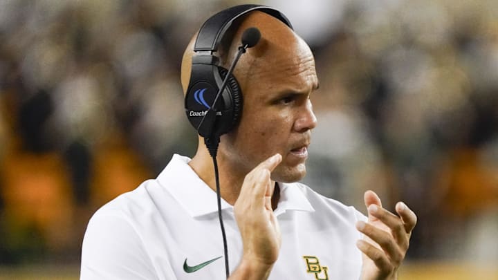 Sep 2, 2023; Waco, Texas, USA; Baylor Bears head coach Dave Aranda on the side lines during the second half against the Texas State Bobcats at McLane Stadium. Mandatory Credit: Raymond Carlin III-Imagn Images Sep 2, 2023; Waco, Texas, USA; Baylor Bears head coach Dave Aranda on the side lines during the second half against the Texas State Bobcats at McLane Stadium. Mandatory Credit: Raymond Carlin III-Imagn Images