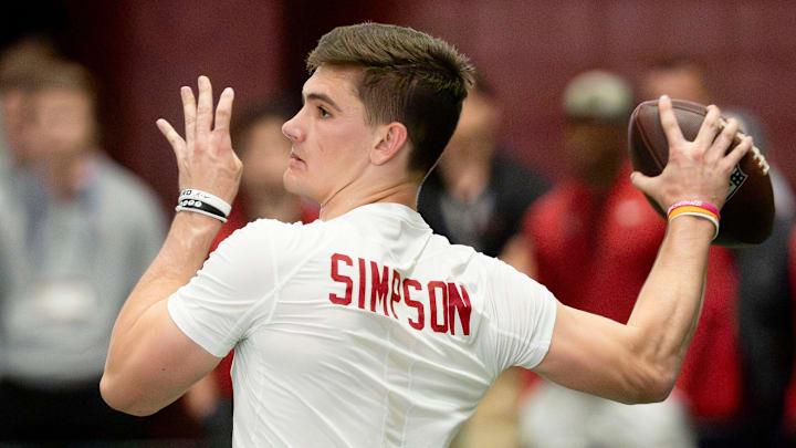 Alabama quarterback Ty Simpson throws during Pro Day