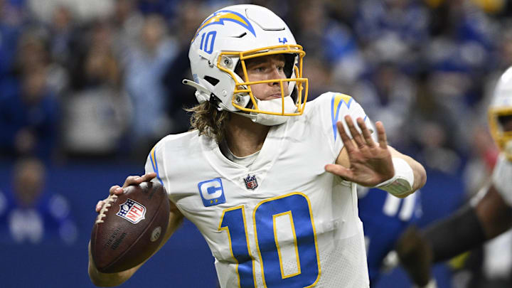 Dec 26, 2022; Indianapolis, Indiana, USA; Los Angeles Chargers quarterback Justin Herbert (10) throws a pass during the second half against the Indianapolis Colts at Lucas Oil Stadium. Mandatory Credit: Marc Lebryk-Imagn Images Dec 26, 2022; Indianapolis, Indiana, USA; Los Angeles Chargers quarterback Justin Herbert (10) throws a pass during the second half against the Indianapolis Colts at Lucas Oil Stadium. Mandatory Credit: Marc Lebryk-Imagn Images