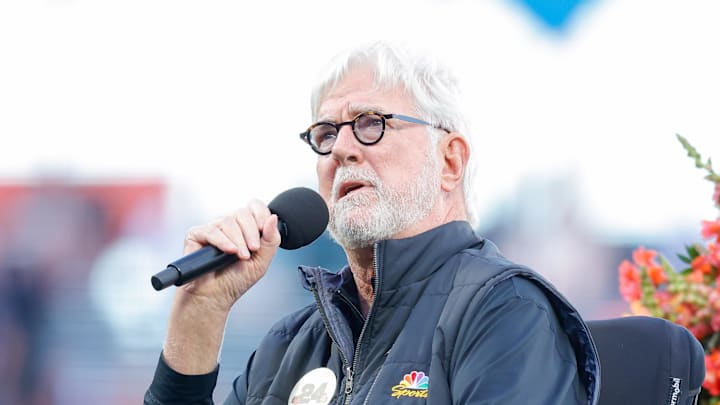Jun 24, 2024; San Francisco, California, USA; Mike Krukow speaks during a tribute to Willie Mays before the game between the San Francisco Giants and the Chicago Cubs at Oracle Park. Mandatory Credit: Sergio Estrada-Imagn Images