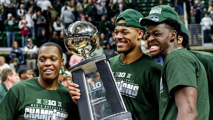 From left, Michigan State's Cassius Winston, Xavier Tillman and Gabe Brown pose with the Big Ten Championship trophy after beating Ohio State on Sunday, March 8, 2020, at the Breslin Center in East Lansing. The Spartans won a share of the title with Maryland and Wisconsin.
200308 Msu Osu 329a From left, Michigan State's Cassius Winston, Xavier Tillman and Gabe Brown pose with the Big Ten Championship trophy after beating Ohio State on Sunday, March 8, 2020, at the Breslin Center in East Lansing. The Spartans won a share of the title with Maryland and Wisconsin.
200308 Msu Osu 329a
